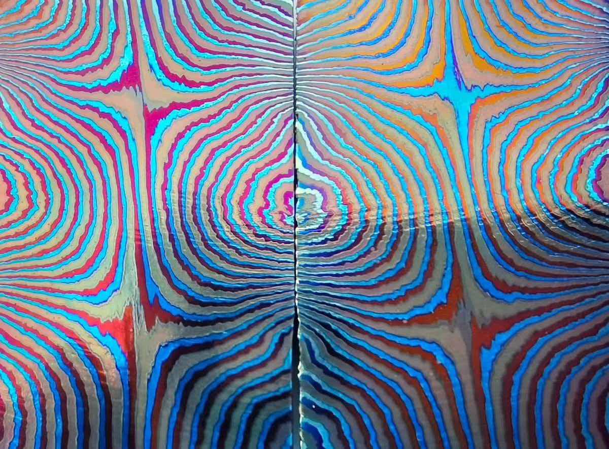 Exotic ZircuTi Titanium Damascus Bar Stock | Wave, Raindrop & Mosaic Pattern Blocks for Luxury CNC Machining